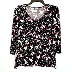 N Touch Silky Ruffle Front 3/4 Sleeve Pink Black Floral Blouse w/ Stretch Size M